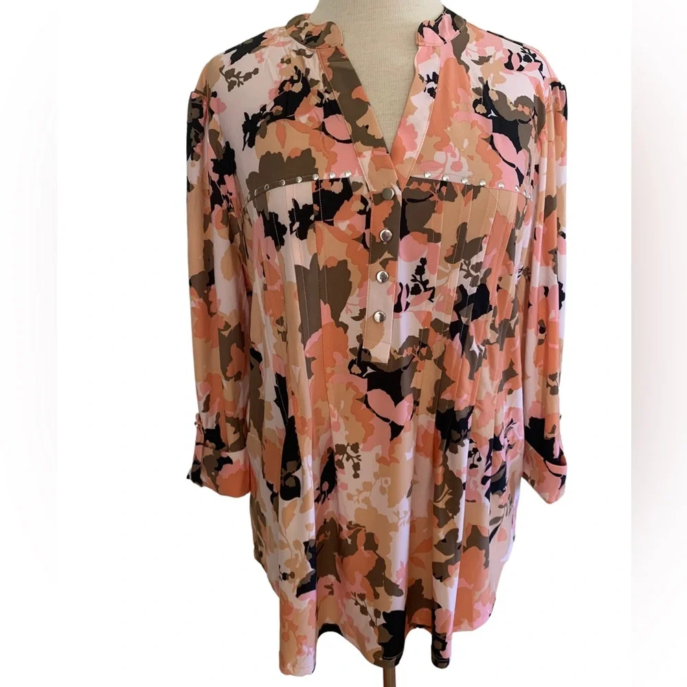 COCOMO 3X Beige Pink Studded 3/4 sleeve Plus Size women’s Pintuck Blouse t…